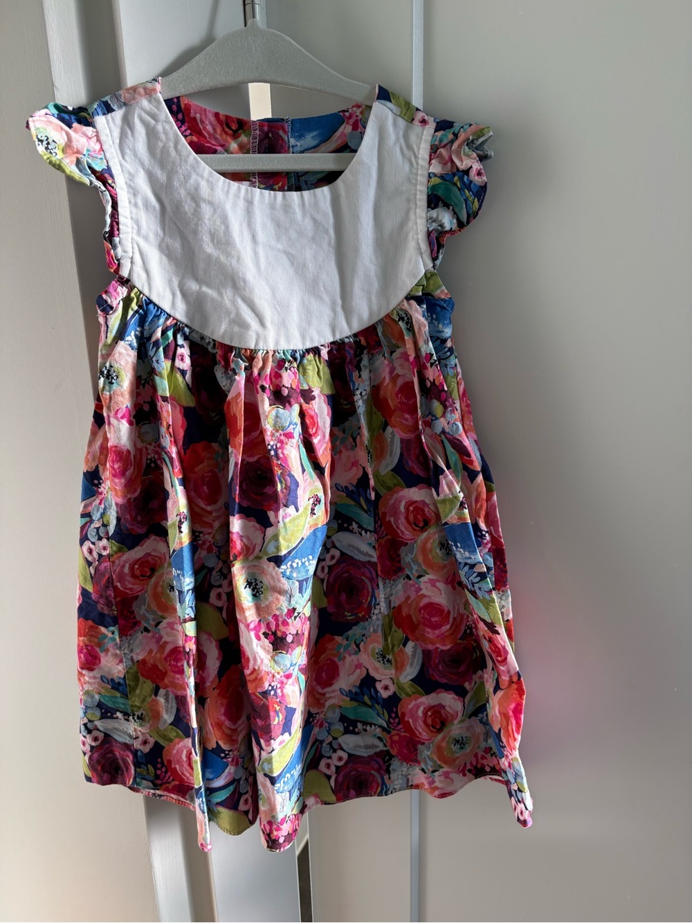 Ricrac & Ruffles Floral Cotton Dress with White Bib Yoke